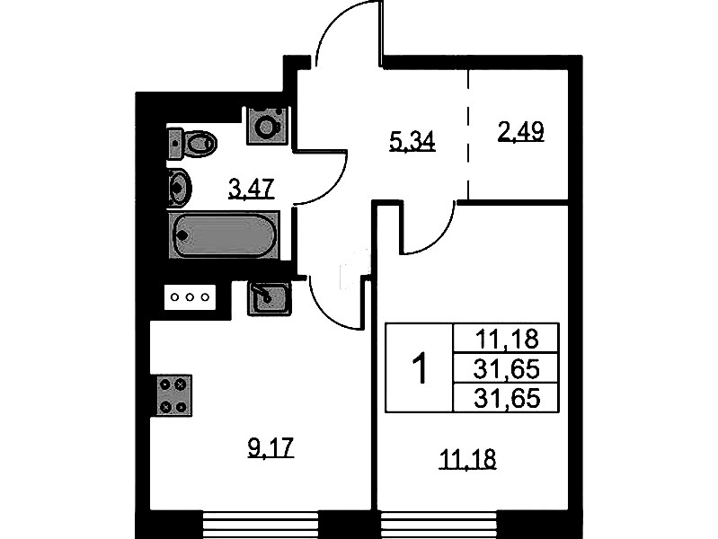 1-комнатная квартира 31.65 м², 9/9 эт., ЖК «Квартал Лаголово»